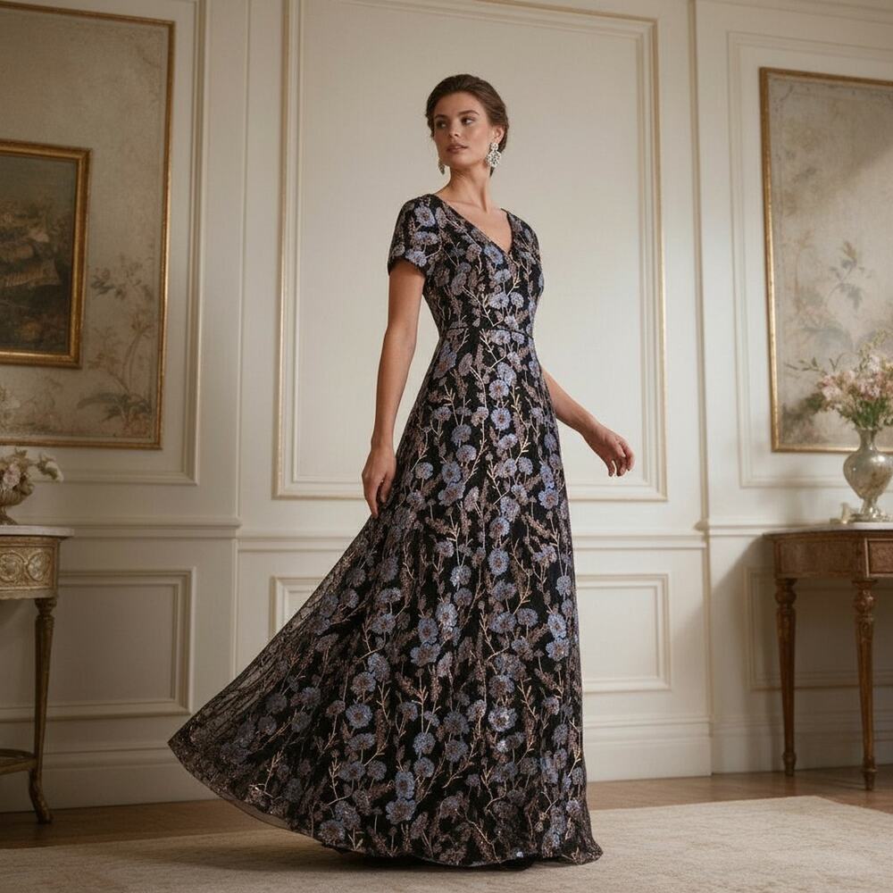 Shani Collection Black/Multi Fully Sequined Embroidered Gown Size 8 NWT